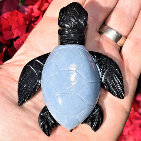 XL CHARGED 4" Angelite Black Onyx Crystal Hand-Carved Turtle Peaceful Protection