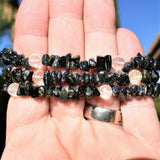 CHARGED Black Tourmaline Hematite Crystal Chip Stretchy Bracelet w Quartz REIKI