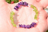 CHARGED Peridot & Dark Amethyst Crystal Chip Stretchy Bracelet w Quartz REIKI