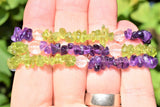 CHARGED Peridot & Dark Amethyst Crystal Chip Stretchy Bracelet w Quartz REIKI