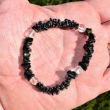 CHARGED Black Tourmaline Hematite Crystal Chip Stretchy Bracelet w Quartz REIKI