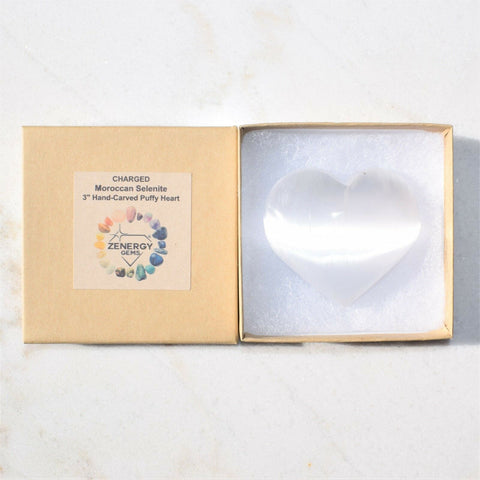 LG 3" SELENITE POCKET PUFFY HEART Carving Healing Crystal Reiki [3/4 lbs]