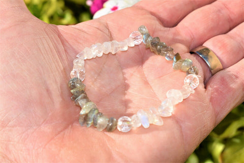 CHARGED Moonstone Labradorite Crystal Stretchy Bracelet w / Quartz REIKI Energy!