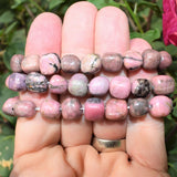 CHARGED 6" Rhodonite Crystal Bracelet Tumble Polished Stretchy Healing Energy