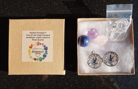 Tree of Life Amethyst/Lapis Lazuli/Rose Quartz Crystal Sphere Pendants + Chain