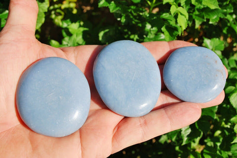 LG CHARGED 2" Angelite Crystal Hand-Carved Palm / Worry Stone Peaceful Energy!