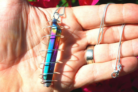 LG Platinum & Silver Rainbow Aura Quartz Crystal Perfect Pendant 20" Chain