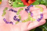 CHARGED Peridot & Dark Amethyst Crystal Chip Stretchy Bracelet w Quartz REIKI