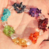 Premium Charged 7 Chakra Crystal Chip Stretchy Bracelet w/Faceted Amplifier Quartz Reiki Energy!